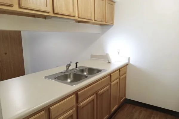 a kitchen with a sink and cabinets