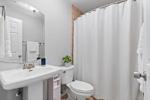 a bathroom with a sink a toilet and shower curtain
