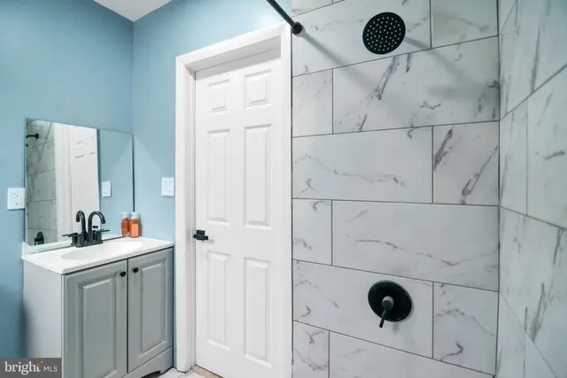 a bathroom with a sink and a shower