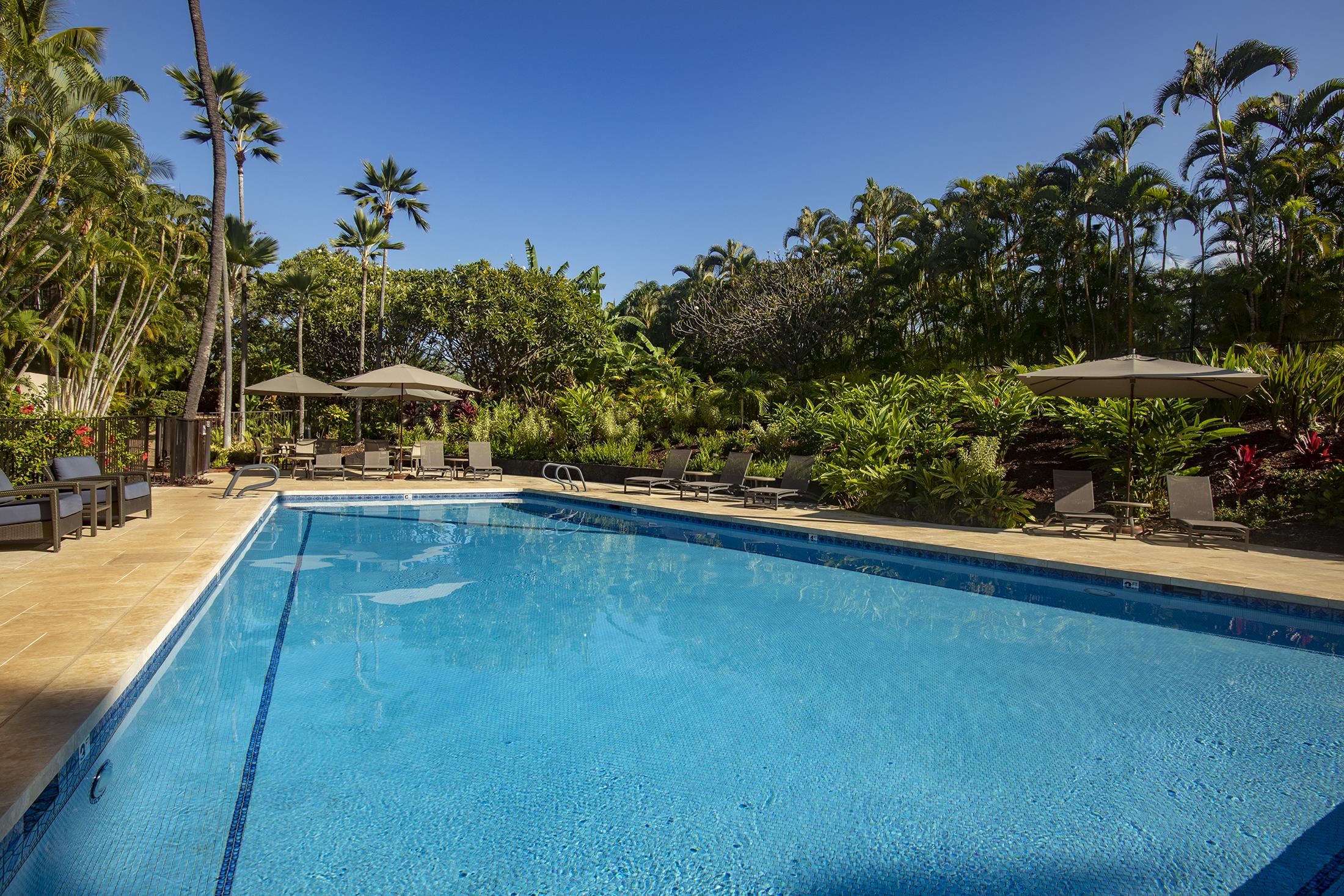 4850 Makena Alanui Road, Unit F207 Kihei, HI 96753 - Photo 31 of 34 a view of a swimming pool with an outdoor seating and a yard
