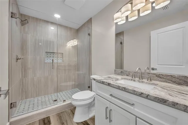 a bathroom with a granite countertop sink a toilet and shower