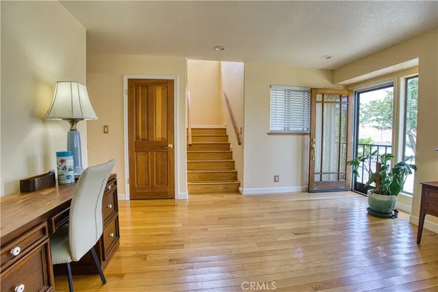 a view of balcony with furniture