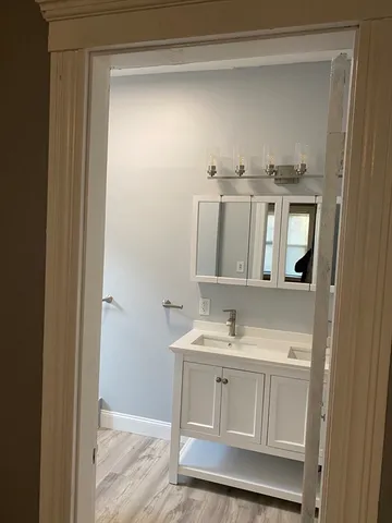 a bathroom with a sink and a mirror