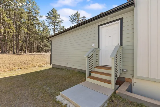 a view of wooden floor and trees in the backyard of a house