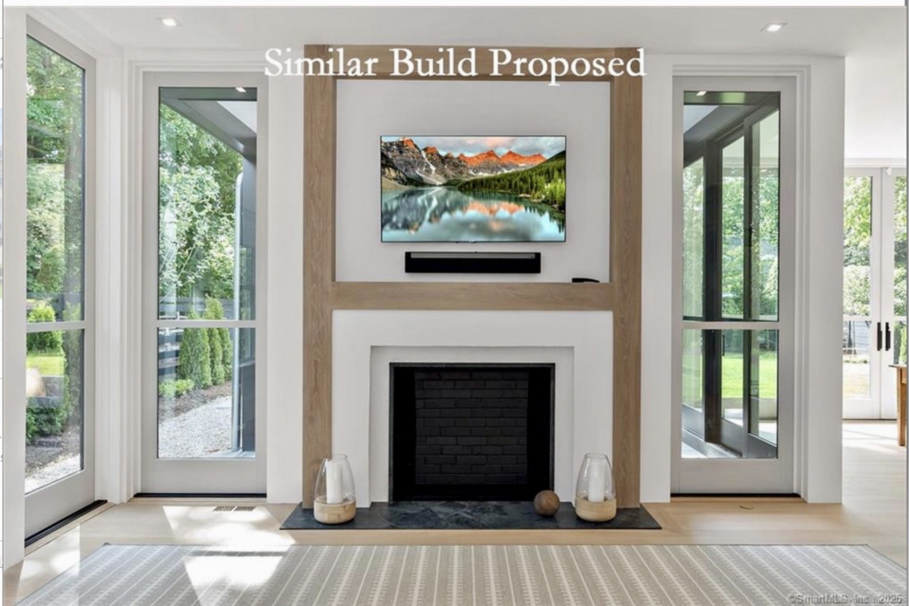 22 Brett Road Fairfield, CT 06824 - Photo 3 of 9 a living room with a fireplace and a floor to ceiling window