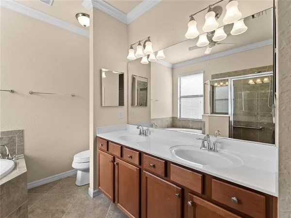 a bathroom with a double vanity sink mirror and toilet