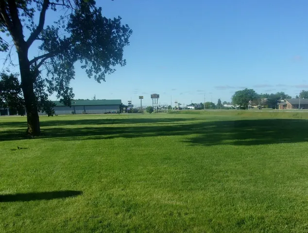 a grassy field with trees in the background