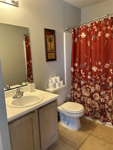 a bathroom with a sink a toilet and shower curtain