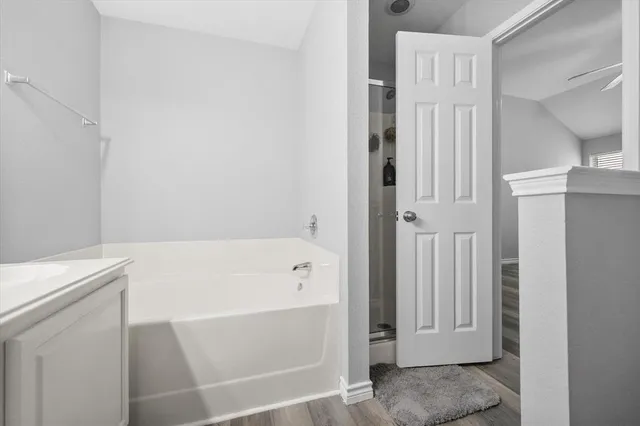 a bathroom with a bathtub