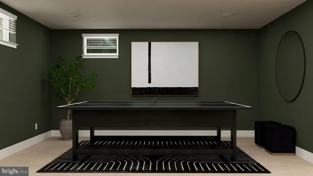 a living room with a piano a rug and a window