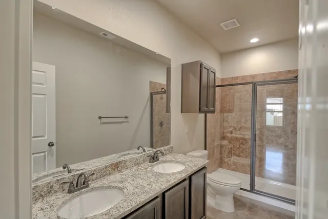 a bathroom with a granite countertop sink toilet and shower