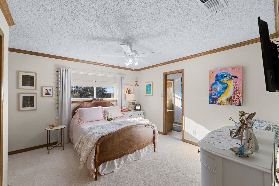 197 Live Oak Cemetery Road Killeen, TX 76542 - Photo 32 of 36 Bedroom featuring carpet flooring, a textured ceiling, a ceiling fan, and crown molding