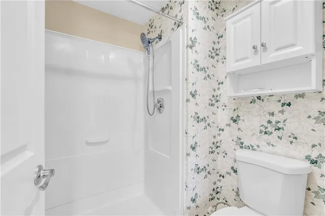 a bathroom with a shower and a toilet