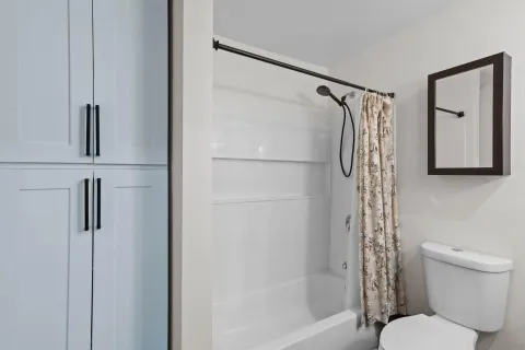 a bathroom with a shower toilet and sink