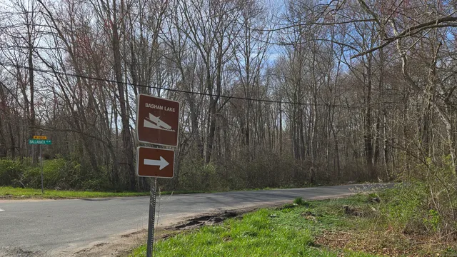 a street sign on a sidewalk next to a road