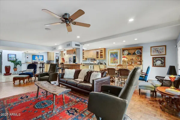 a view of a dining room with furniture
