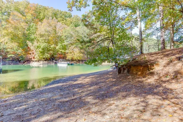 view of a lake with a flower garden