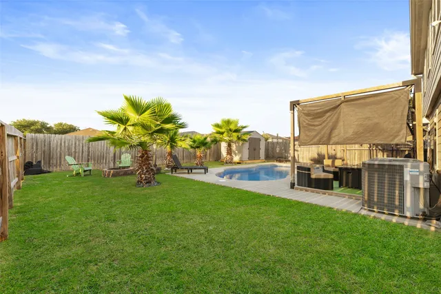 a garden view with a sitting space