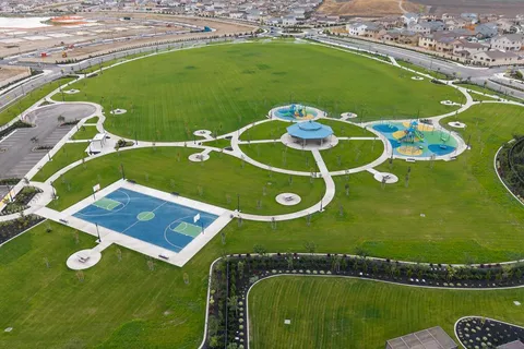 an aerial view of a pool