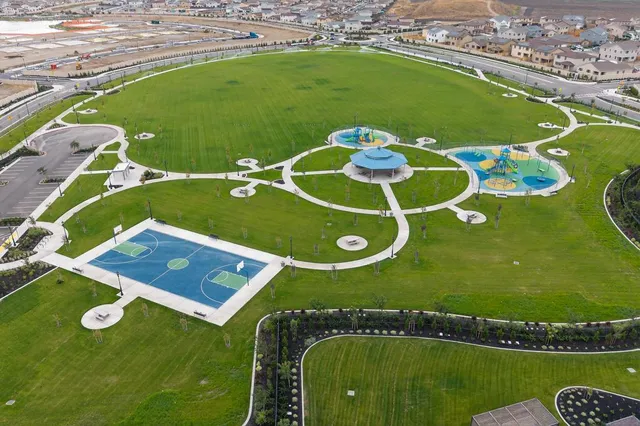 an aerial view of a pool