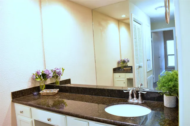 a bathroom with a granite countertop sink a large mirror and a shower