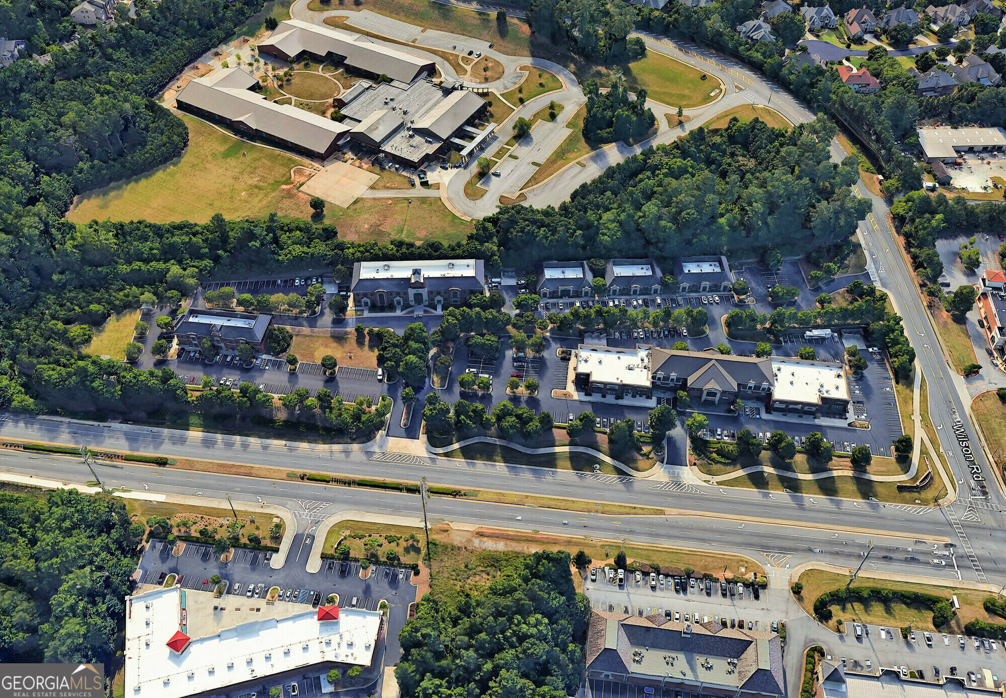 an aerial view of a swimming pool with a yard and plants