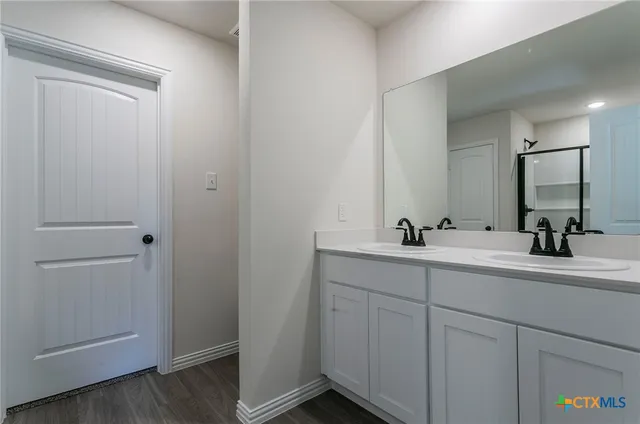 a bathroom with a sink and a mirror