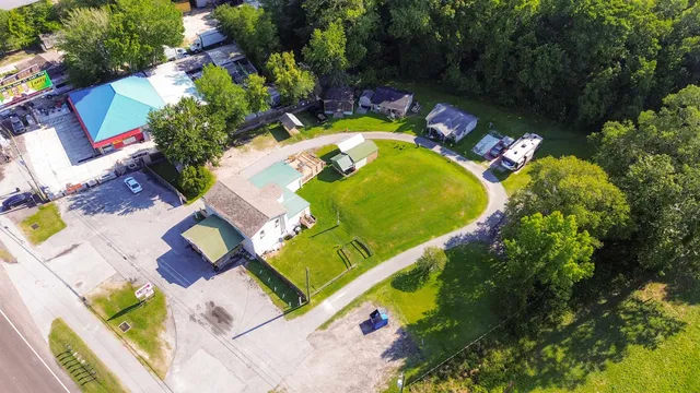 an aerial view of a swimming pool