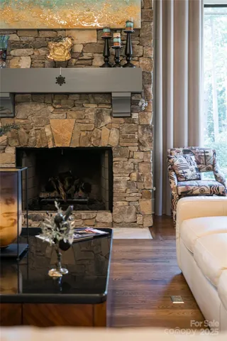 a living room with fireplace furniture and a fireplace