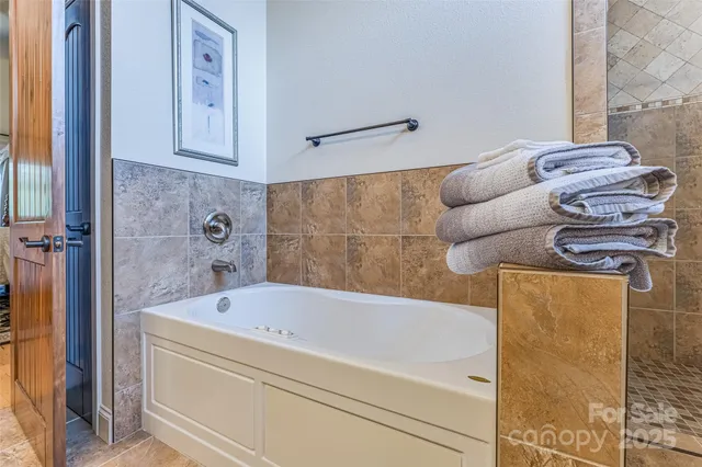 a bathroom with a tub and a shower