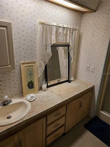 a bathroom with a sink and a mirror