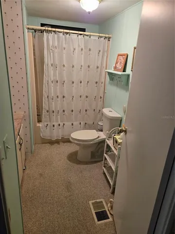 a bathroom with a toilet and a shower curtain