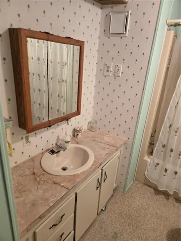 a bathroom with a sink and a mirror