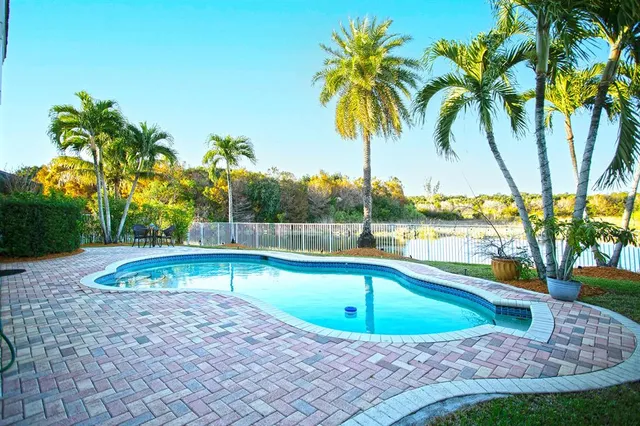 a view of a swimming pool with a garden