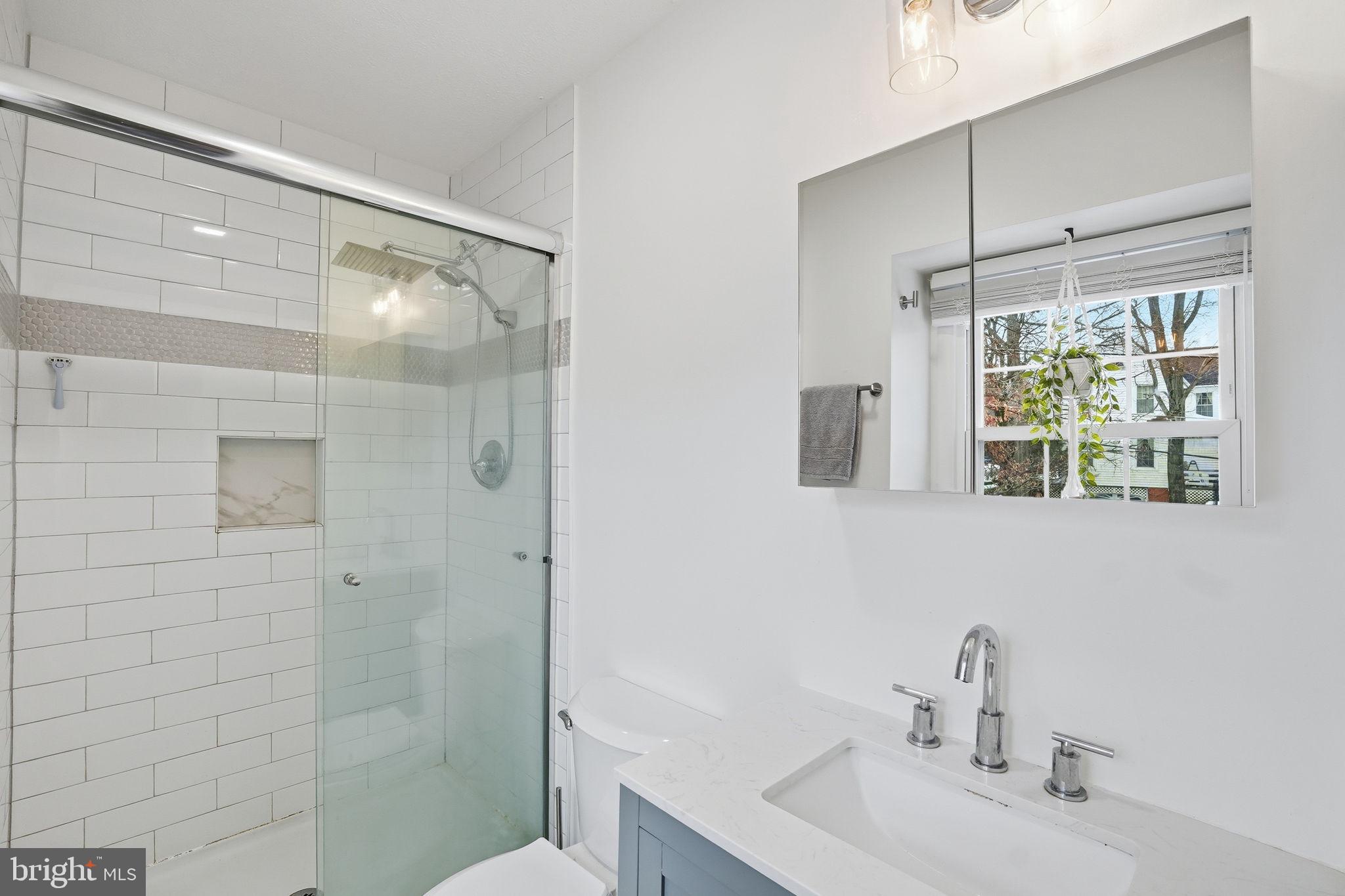 2207 Victor Court Silver Spring, MD 20906 - Photo 20 of 40 a bathroom with a sink a mirror a window and a shower