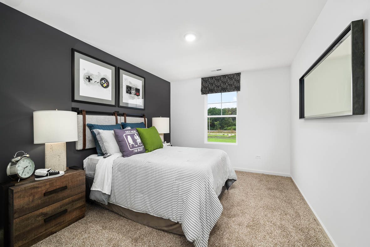 2571 Tahoe Lane Pingree Grove, IL 60140 - Photo 17 of 42 a bedroom with a bed lamp and paintings on the wall