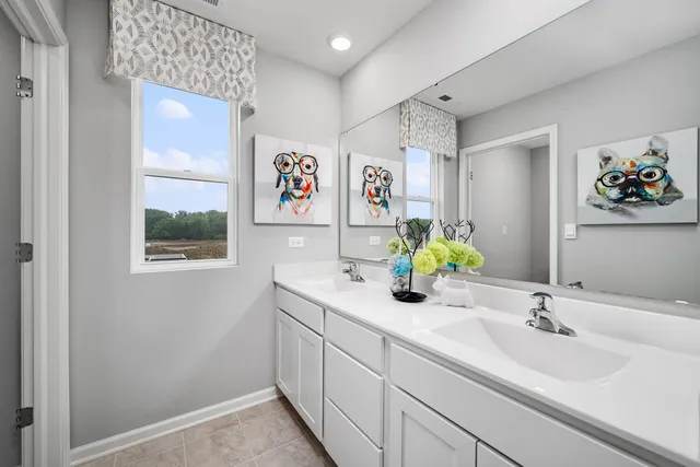 a bathroom with a sink mirror and vanity