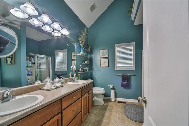 a bathroom with a sink a large mirror and a toilet