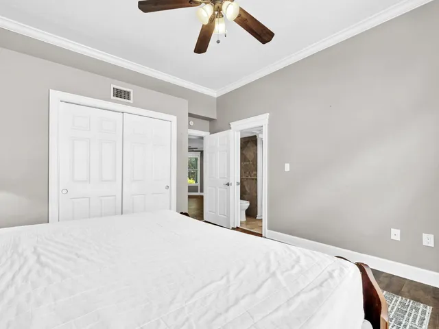 an aerial view of a house with a garden