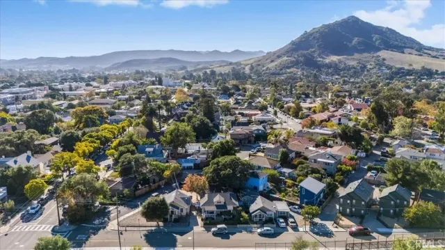 a view of a city with mountains in the background
