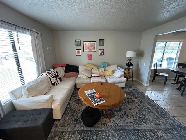 a living room with furniture a rug and a large window