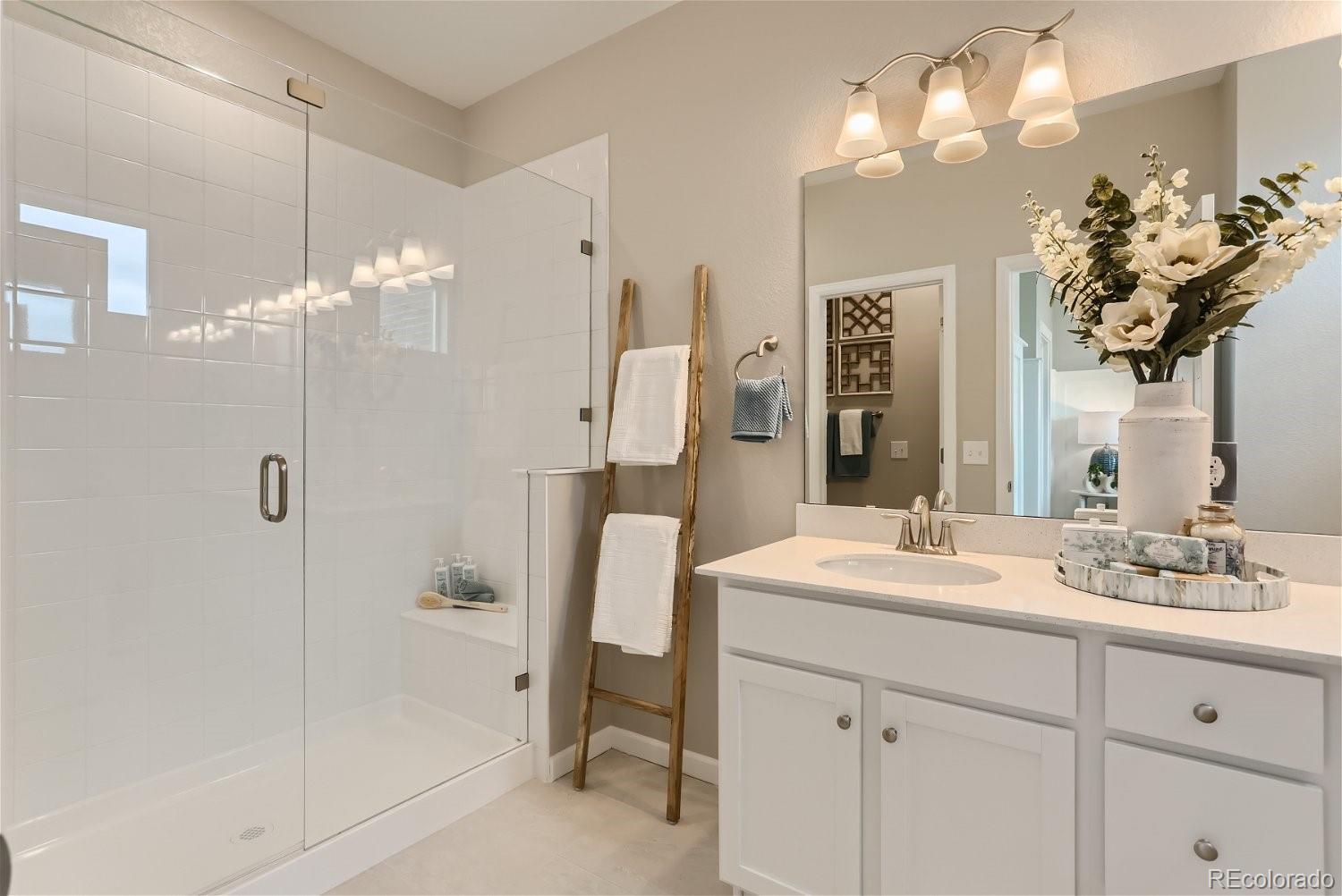 471 Interlocken Boulevard, Unit 101 Broomfield, CO 80021 - Photo 22 of 28 a bathroom with a sink mirror and a shower