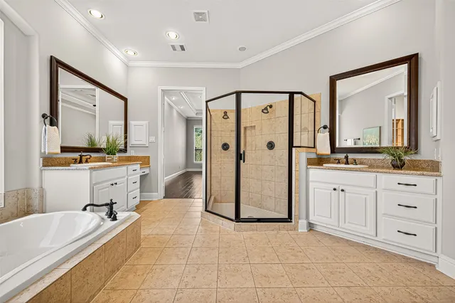 a bathroom with a tub a sink a mirror and a shower