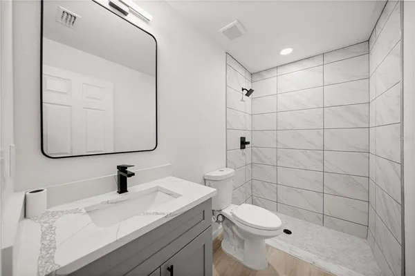 a bathroom with a sink a toilet and mirror