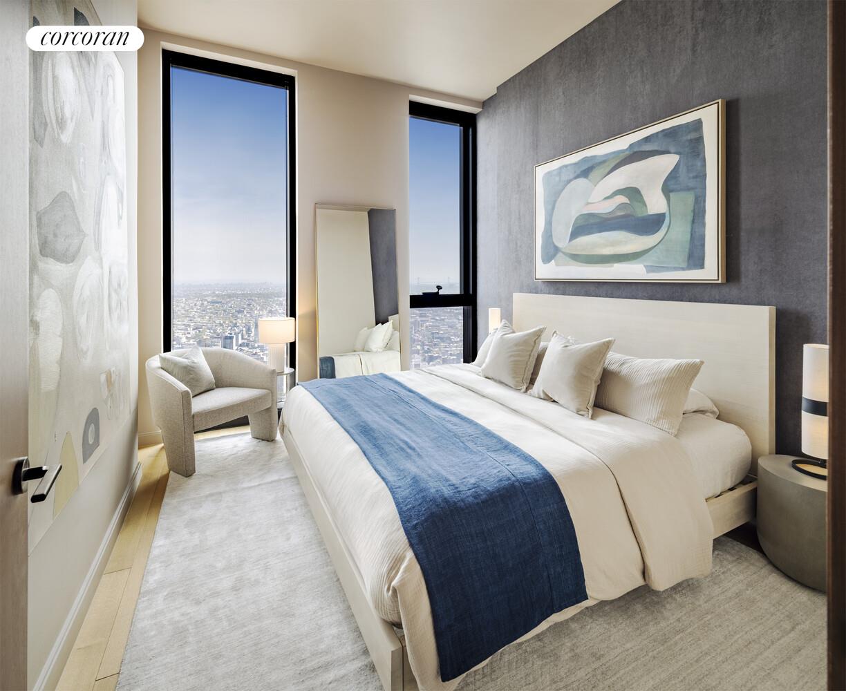 85 Fleet Street, Unit 59E Brooklyn, NY 11201 - Photo 5 of 11 a bedroom with a bed and a painting on the wall