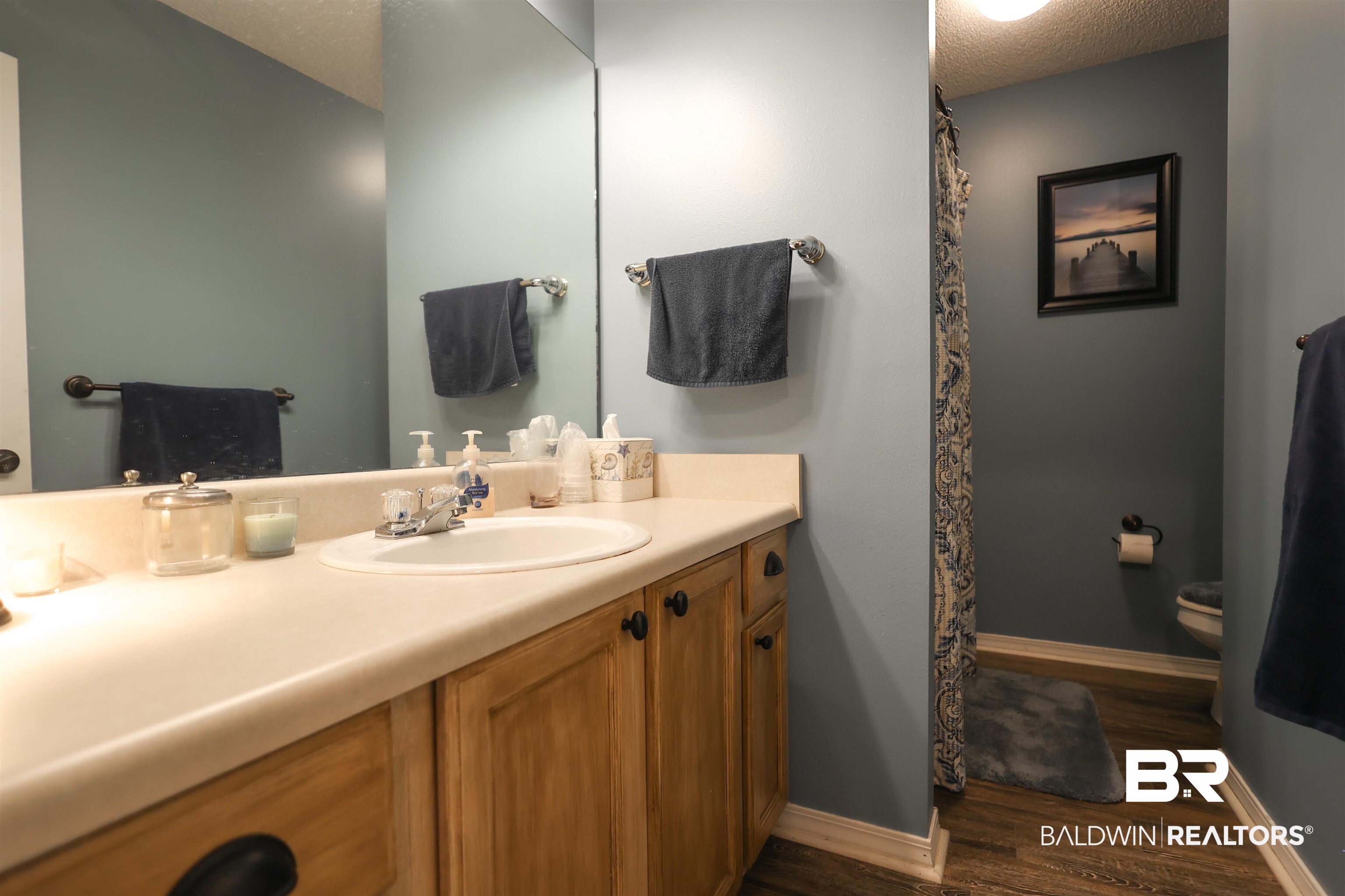 7790 Audubon Drive Foley, AL 36535 - Photo 29 of 39 Bathroom vanity featuring a light-toned countertop with an integrated sink, wood-finish cabinetry, and a large wall-mounted mirror
