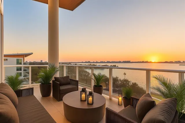 a balcony with furniture and a potted plant