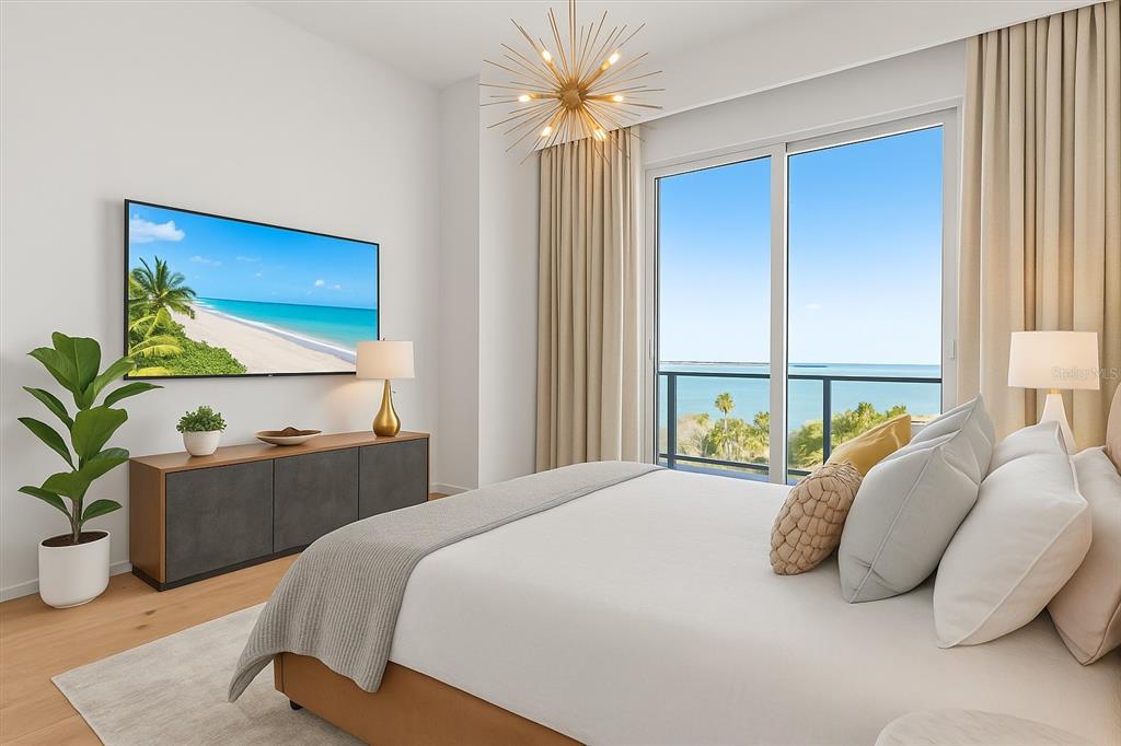 1020 Sunset Point Road, Unit 703 Clearwater, FL 33755 - Photo 12 of 50 a bedroom with a bed and a potted plant