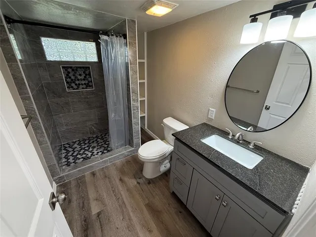 a bathroom with a sink a toilet and shower