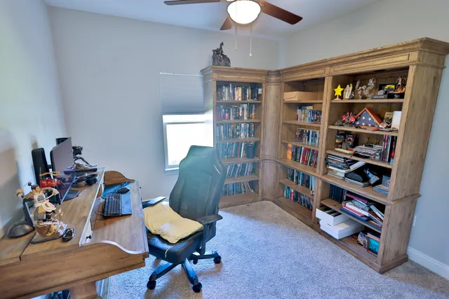 a living room with furniture and a book shelf